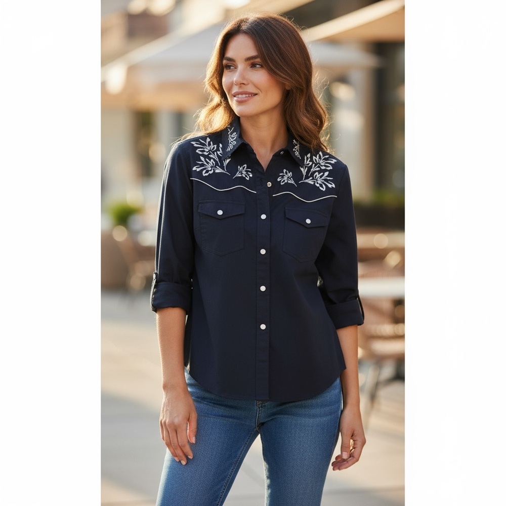 National Navy Blue Button Up Embroidered Long Sleeve Shirt